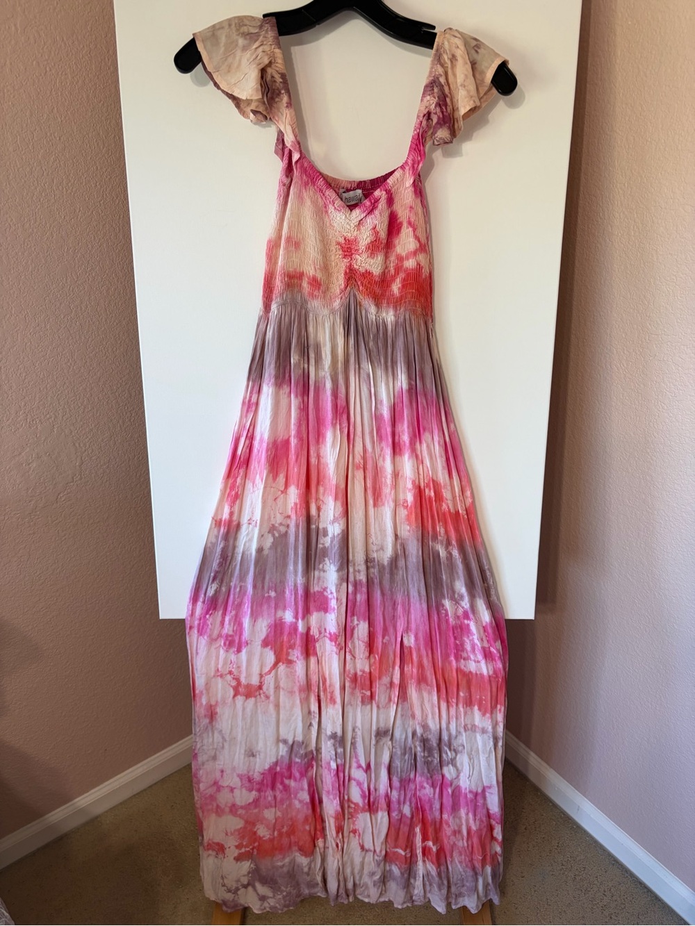 TIARE Hawaii Tie Dye Smocked Maxi Dress NWT Size S/M Pink Purple Boho Summer